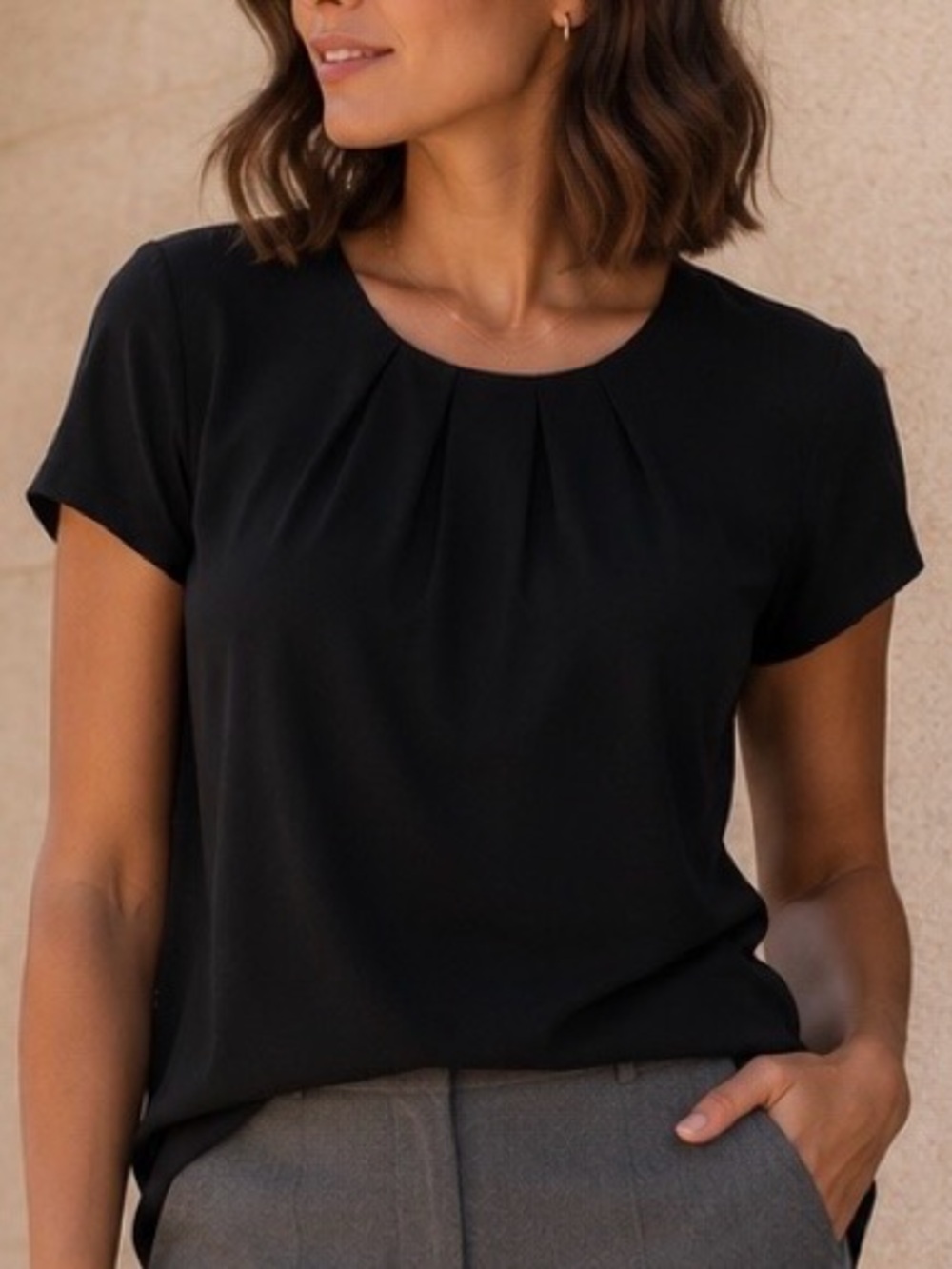 Express structured pleated black blouse size L minimalist workwear
